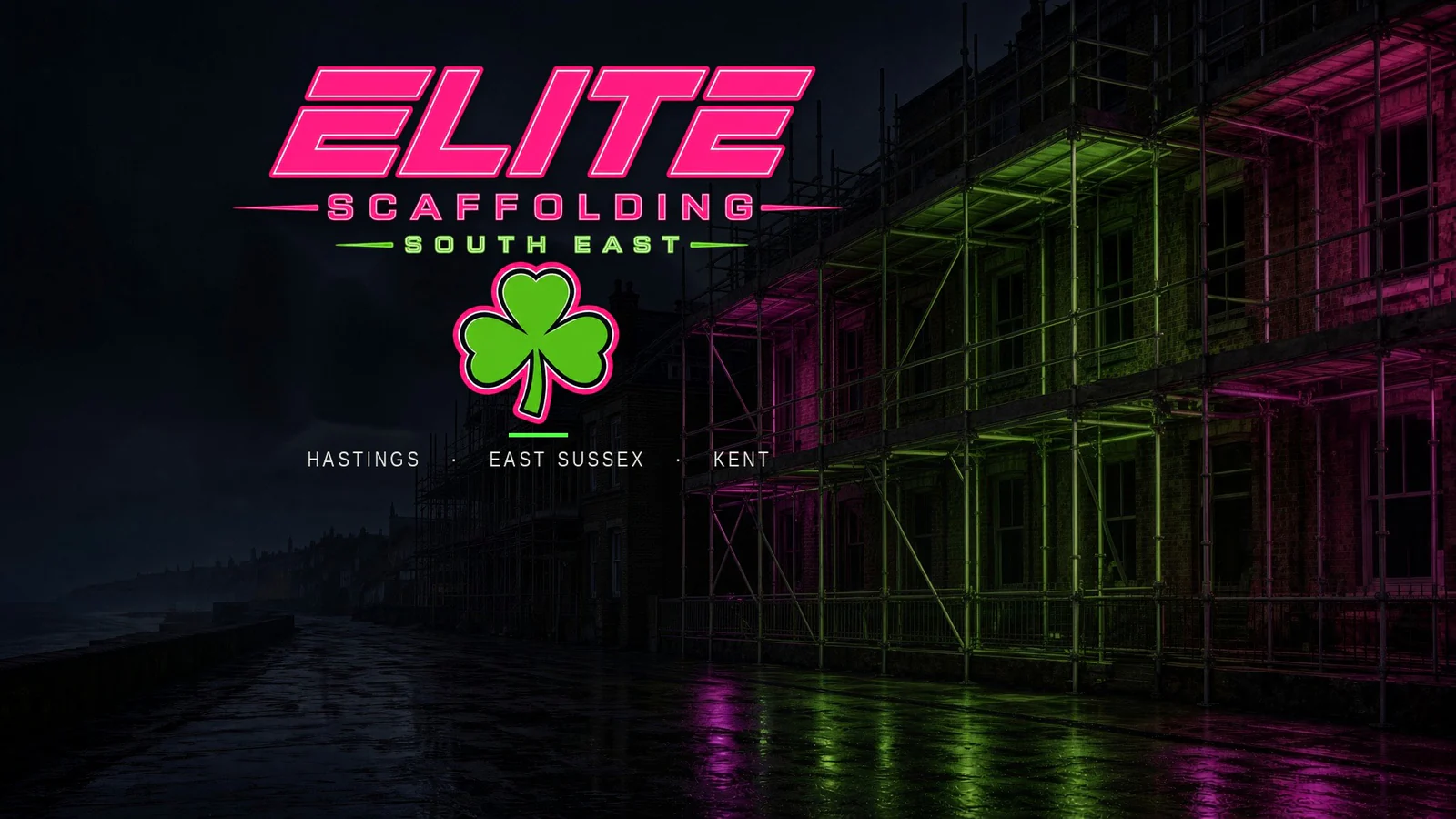 Night scaffolding on a Hastings seafront terrace with the Elite Scaffolding South East lockup